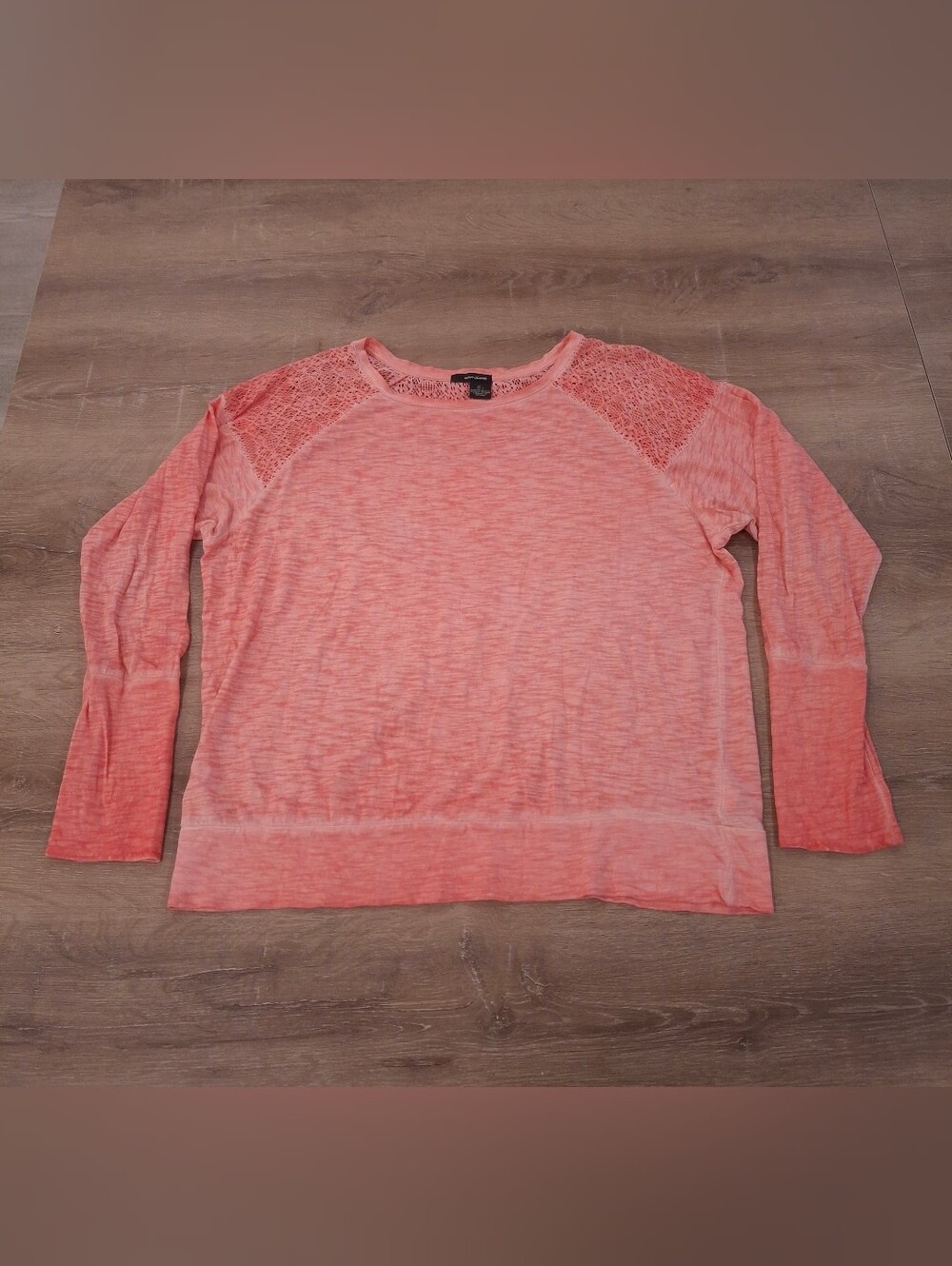 DKNY Jeans Crochet Shoulder Long Sleeve Top Women's L Coral Peach
